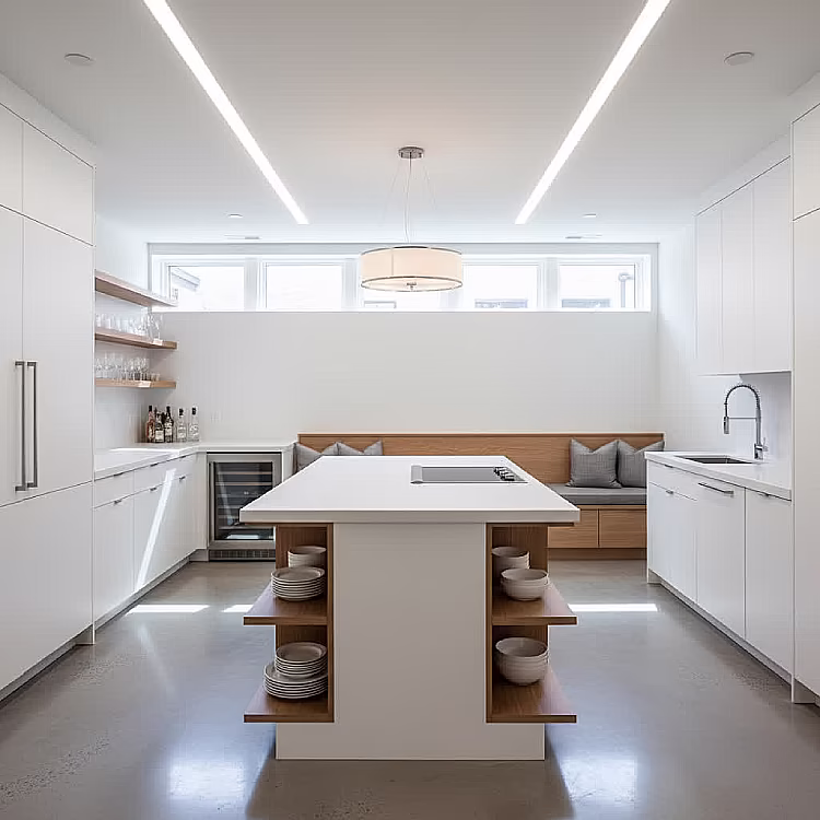 A minimal style basement kitchen with bright lighting, white cabinetry, and a functional open layout.