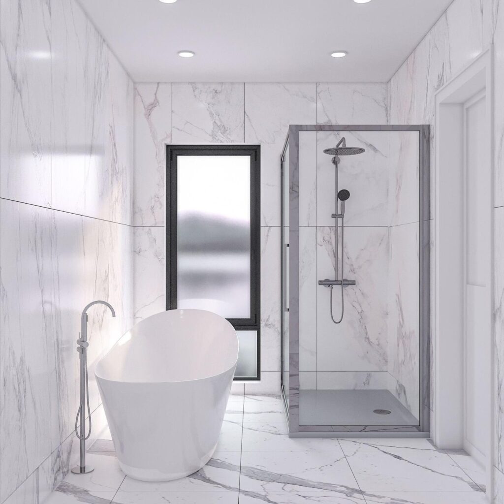 Subtle textures and refined tilework come together in this modern white bathroom. Simple, elegant, and easy to maintain—perfect for contemporary living.