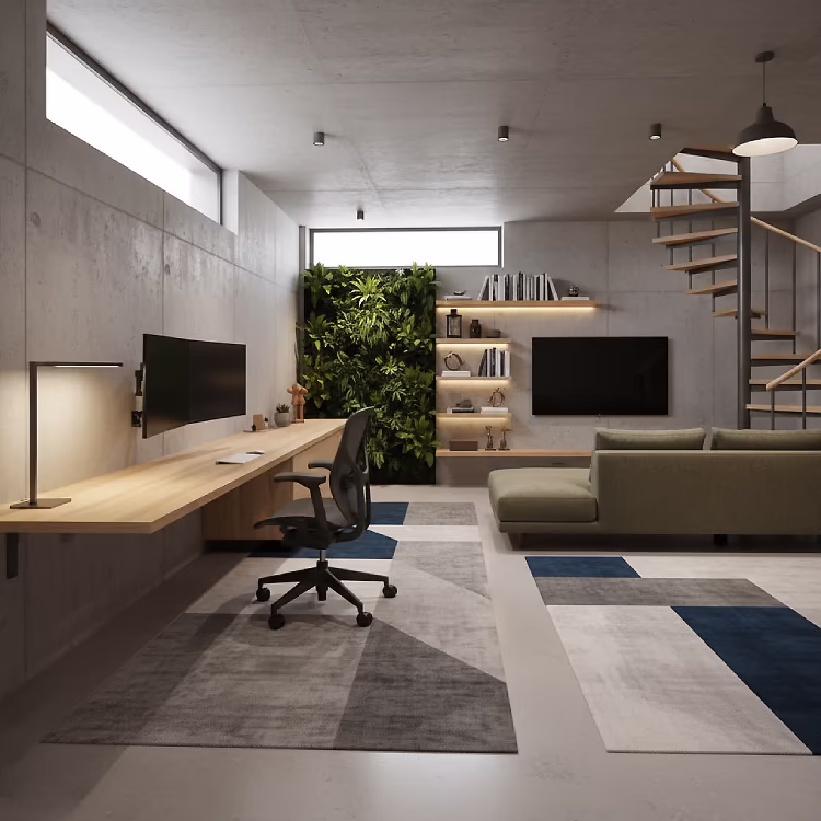 Renovated home office in a finished basement designed for comfort and productivity.