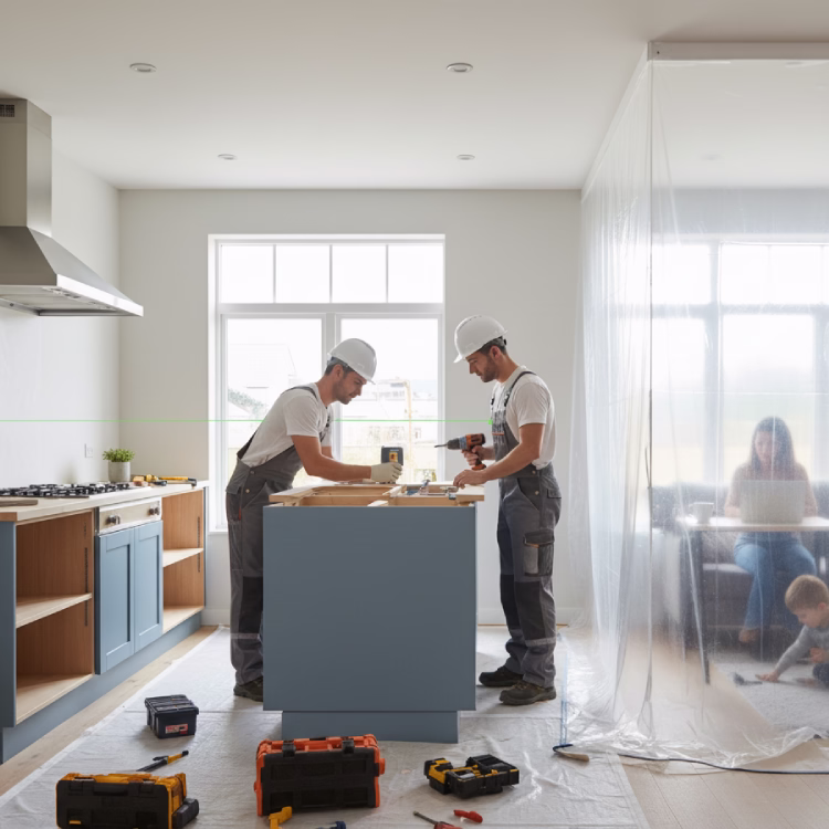 Home remodelling construction phase showing progress on kitchen and living area remodel with tools and materials on site.