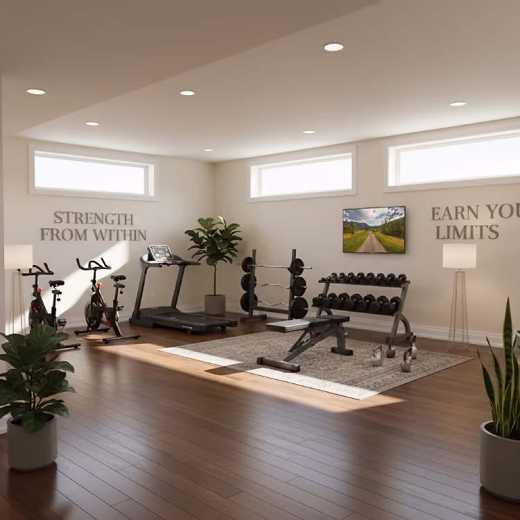 a newly renovated home gym located in a finished basement with cream-colored walls, dark wood flooring, and large windows allowing natural light to pour in, equipped with a variety of exercise equipment including free weights, treadmills, and stationary bikes, and adorned with motivational quotes in a modern serif font on the walls, with a neutral color palette of grays, whites, and blacks, and a few plants with green leaves adding a touch of natural beauty to the space, the room is well-lit with a combination of overhead lighting and table lamps, and a large flat-screen television is mounted on the wall for entertainment during workouts.