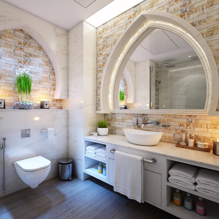 Luxury bathroom renovation in Toronto with modern lighting, freestanding tub, and elegant tile design, showcasing premium craftsmanship and attention to detail.