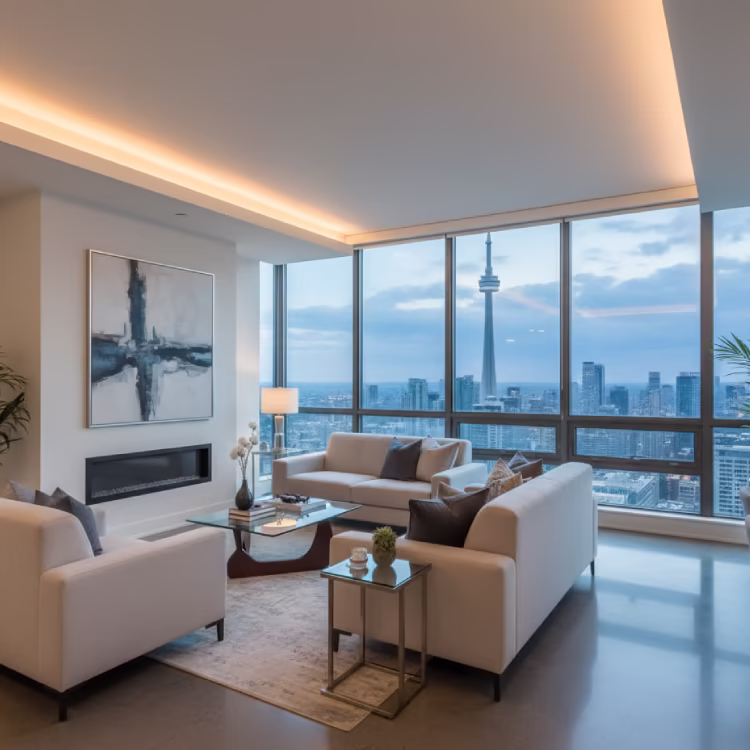 Sophisticated high-rise living space overlooking downtown Toronto, styled with neutral tones and modern décor.